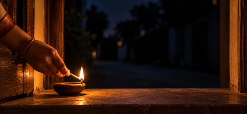 A lamp lit at the main door, facing south, as a prayer for the household's longevity.